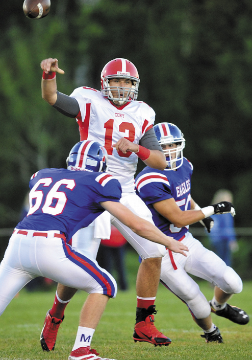 LEADING THE WAY: Cony quarterback Ben Lucas, center, will lead the Rams against rival Gardiner on Friday night in Augusta.