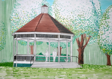 A landmark’s return: This sketch of the new Gardiner Common gazebo, by Brian Kent of Kent Associates, shows roughly what the structure will look like once it’s finished. The builder has proposed slight modifications, including a steeper roof and a larger cupola.