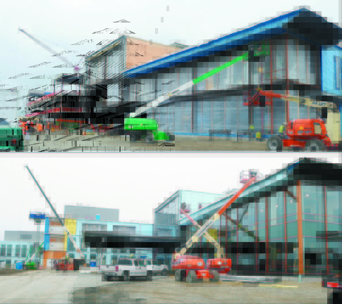 Making progress: This pair of photos shows progress over the course of six months at the front entrance of the new MaineGeneral Medical Center regional hospital in northern Augusta. The top photo is from May 22, 2012; the bottom photo is from Dec. 4, 2012.