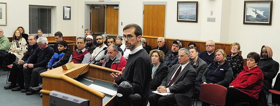 New mosque: Jeremy Wadleigh, Islamic Society of Greater Augusta treasurer, testifies about the group’s proposal to build a mosque during a planning board meeting on Tuesday in City Center in Augusta.