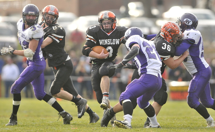 RUNNING TOWARD GOLD: Dylan Hapworth and the Winslow High School football team are in the Class C state championship game for the second straight season. The Black Raiders play Leavitt at 6 tonight at Fitzpatrick Stadium in Portland