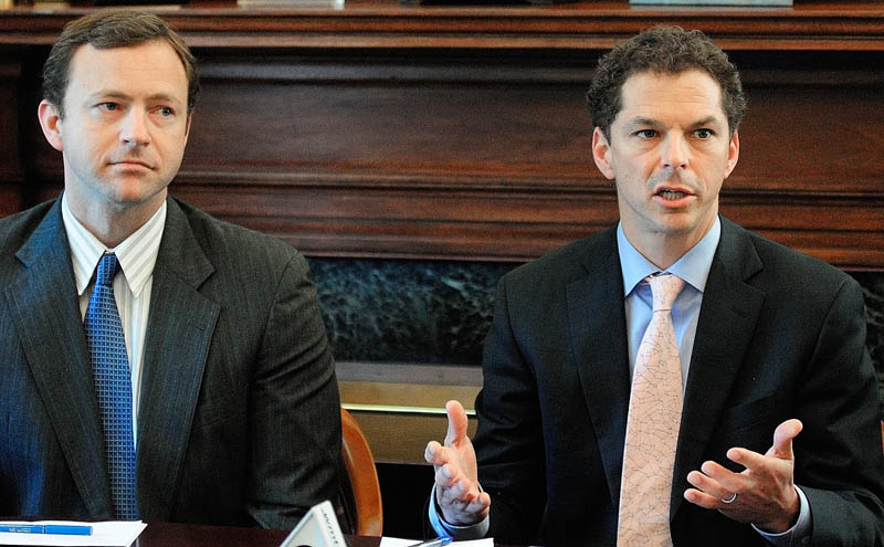 Senate President Justin Alfond, D-Portland, right, with Speaker of the House Mark Eves, D-North Berwick