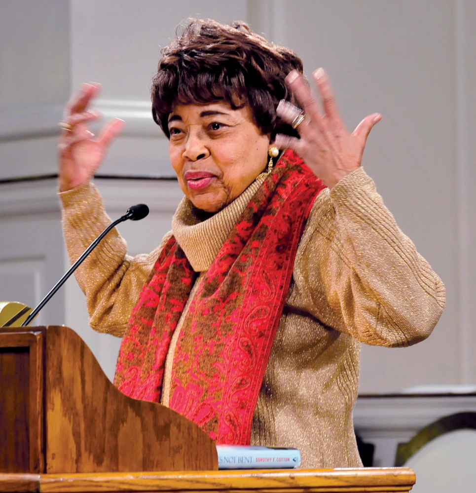 Staff photo by David Leaming AUTHOR: Dr. Dorothy P. Cotton spoke to a full house at Lorimer Chapel at Colby College in Waterville about civil rights during the Dr. Martin Luther King Jr. commemorative program on Monday, Jan. 20, 2014.