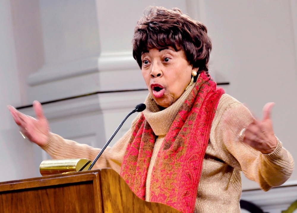 Staff photo by David Leaming AUTHOR: Dr. Dorothy P. Cotton, an activist and educator during the civil rights era, spoke during the Dr. Martin Luther King Jr. commemorative program to a full house at Lorimer Chapel at Colby College in Waterville on Monday, Jan. 20, 2014.