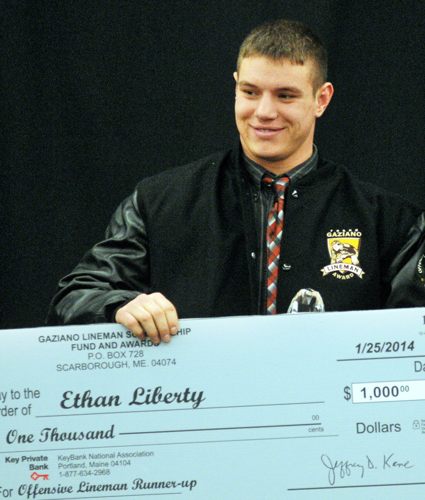 Staff photo by Joe Phelan Skowhegan offensive lineman Ethan Liberty won a jacket and a scholarship as a Gaziano Lineman runner-up on Saturday January 25, 2014 in the Augusta Civic Center.