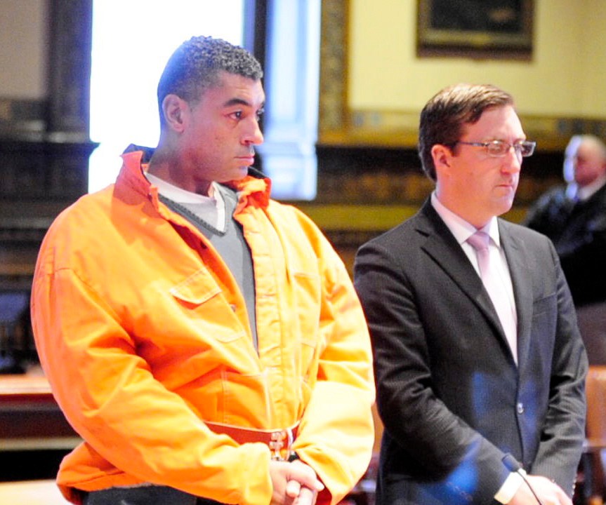 Justin G. Pillsbury, left, and attorney James T. Lawley, stand this morning in Kennebec County Superior Court during a hearing where he pleaded not guilty to the charge of murdering his girlfriend and roommate Jillian Jones in their Augusta apartment last November.