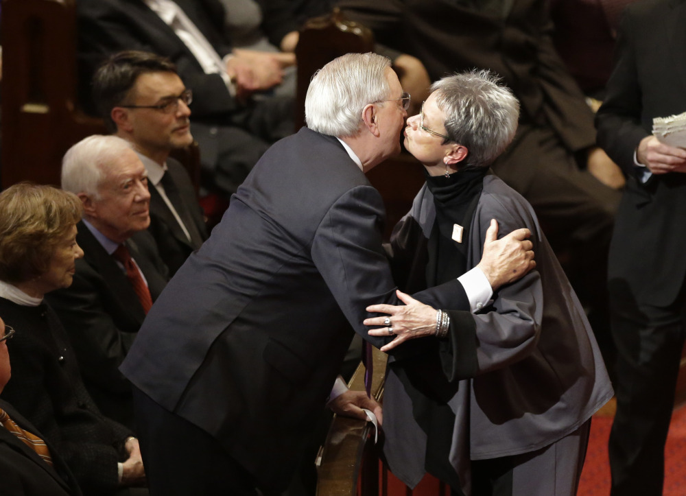 Former Vice President Walter Mondale gives thanks to Emily Galusha after she delivered her remembrance for former second lady Joan Mondale at her memorial service at Westminster Presbyterian Church, Saturday in Minneapolis.