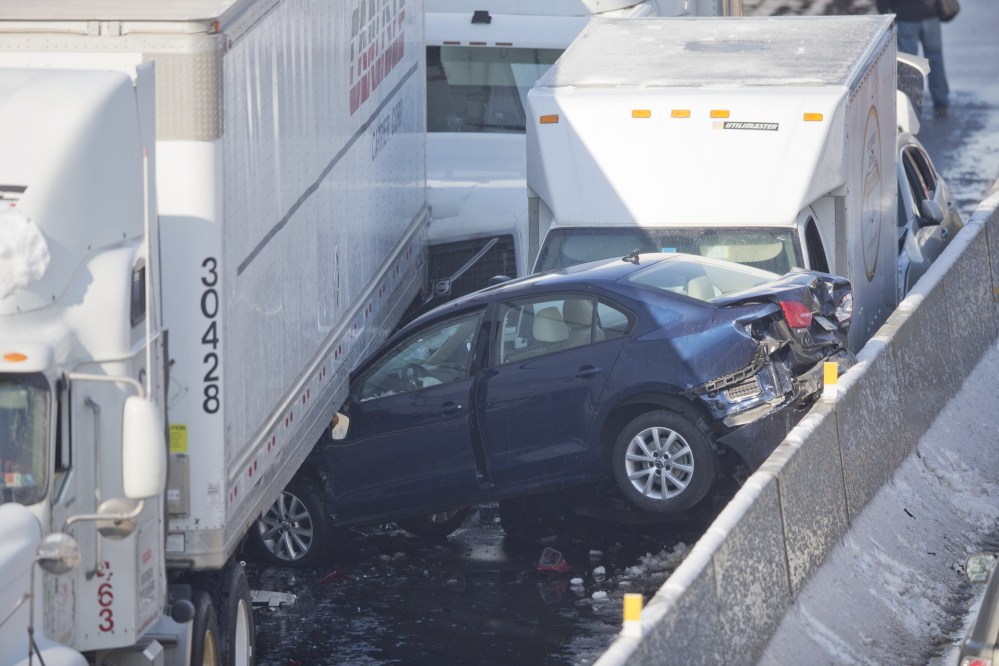 The crashes were reported just after 8 a.m., about five hours after a storm that dropped a foot of snow in the area finally moved out but left the roadway slick.