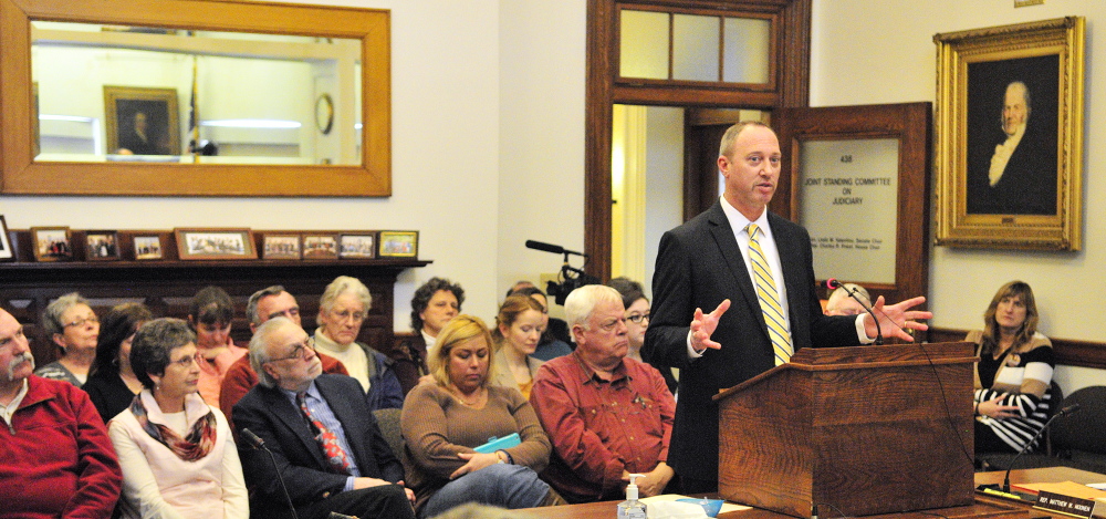 South Portland Police Detective Sgt. Steven Webster testifies in favor during a Judiciary Committee public hearing on L.D. 1730, “An Act To Assist Victims of Human Trafficking,” on Thursdayat the State House in Augusta.
