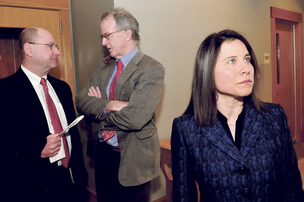 NEW PROGRAM: Maeghan Maloney, district attorney for Kennebec and Somerset counties, speaks about the new Alternative Substance Abuse Program on Wednesday after a hearing with the first defendant at Skowhegan District Court. At left is Dale Lancaster, chief deputy of the Somerset Sheriff’s Department; and attorney John Alsop, who represented Abby Fowler, the first participant in the program.