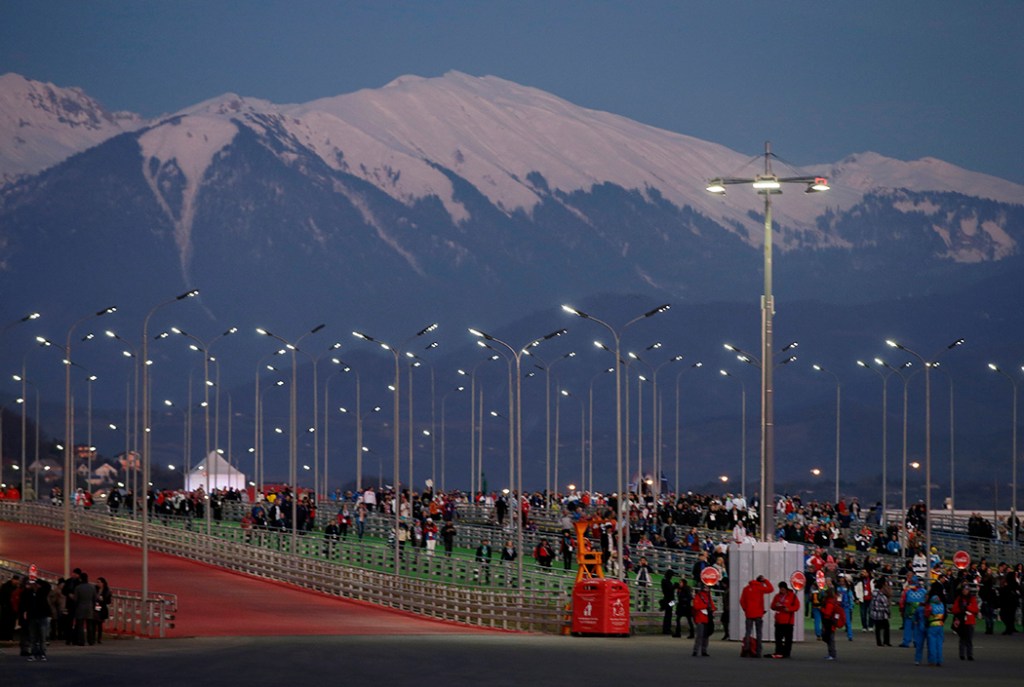 Fans make their way to Fisht Stadium for the opening ceremony of the 2014 Winter Olympics in Sochi, Russia, Friday, Feb. 7, 2014. (AP Photo/Darron Cummings) 2014 Sochi Olympic Games;Winter Olympic games;Olympic games;Spor