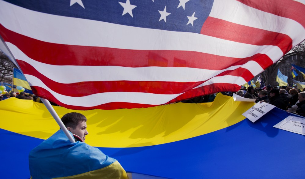 Roman Pzystach, from western Ukraine, participates in a rally in front of the White House in Washington, Thursday, March 6, 2014, to protest Russian President Vladimir Putin’s “invasion of Ukraine and aggression in the region.” President Barack Obama declared on Thursday that a referendum in 10 days on the future of a Ukraine’s Crimea peninsula would violate international law.