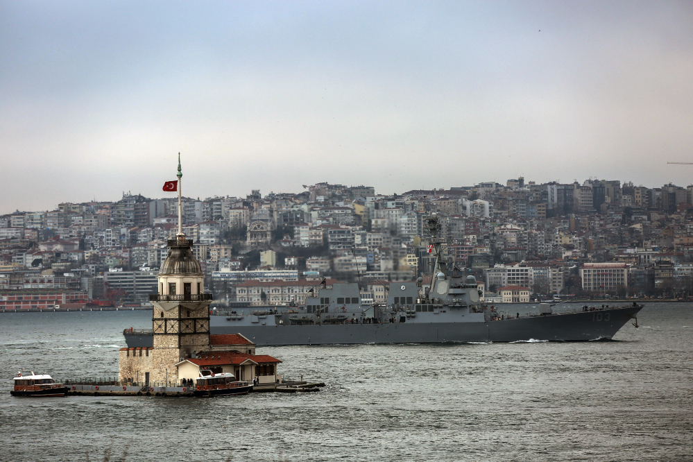 The U.S. destroyer USS Truxtun sails through the Bosporus Strait in Istanbul, Turkey, Friday, amid the stand-off over Russia’s military incursion into Ukraine.
