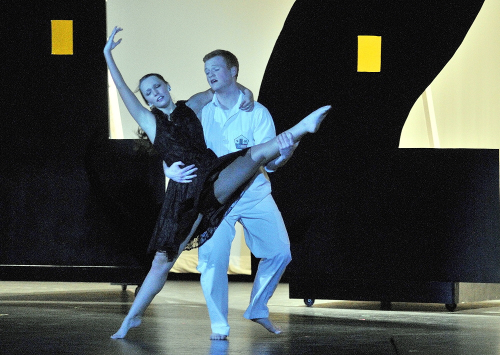 Chizzle Wizzle opens: Josie Heath, left, and Riley Hopkins perform a dance during a performance of Chizzle Wizzle on Wednesday night at Cony High School in Augusta. The 123rd edition of the show, proclaimed as the country’s oldest student-run production, started Tuesday and runs nightly through Friday in Cony High School’s Viles Auditorium. The show this year is called “Chizzle Wizzle Saves the Day,” and the theme is heroes.