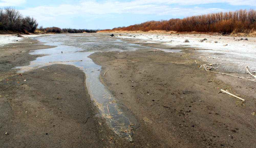 A trickle of water left in the Rio Grande is pushed downstream by the wind near the chili-growing community of Hatch, N.M. In southern New Mexico, the mighty Rio Grande has gone dry, and farmers are worried about dwindling water supplies as the state enters its third straight year of drought.