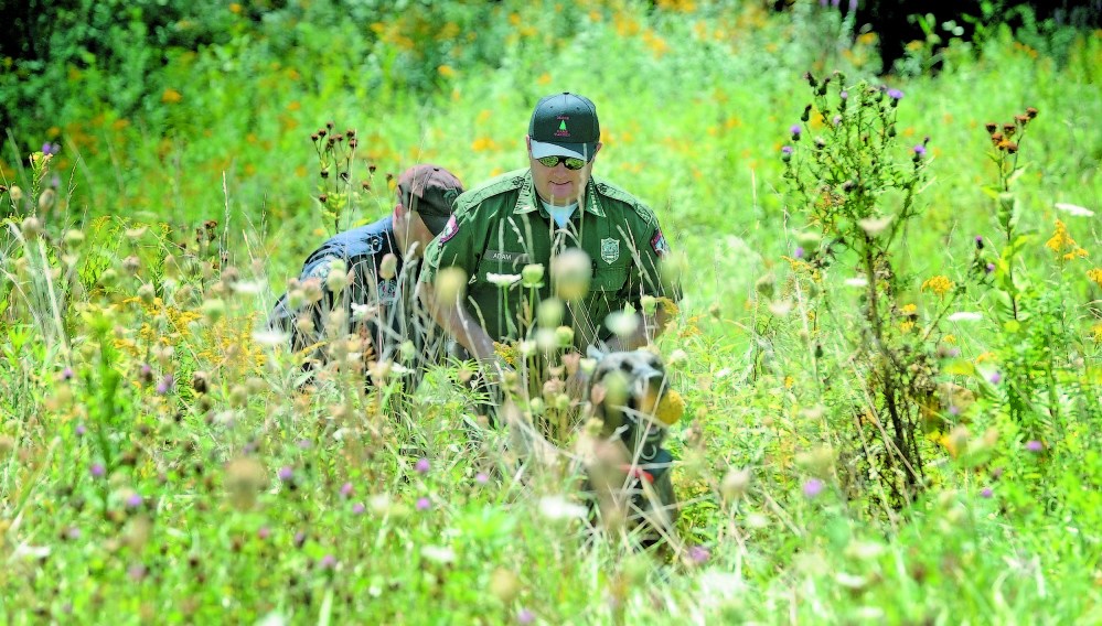 SEARCH: Lt. Kevin Adams, foreground, of the Maine Warden Service, Trooper Shawn Porter, of the Maine State Police, and search dog Myka emerge from the woods Aug. 27 near Skowhegan’s Reddington-Fairveiw General Hospital on Fairview Avenue shortly after finding the body of Vaughn Giggey.
