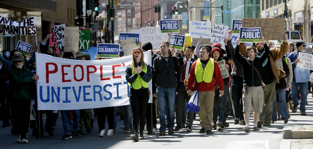 Protests like this one Thursday followed the decision to lay off 12 University of Southern Maine faculty members.