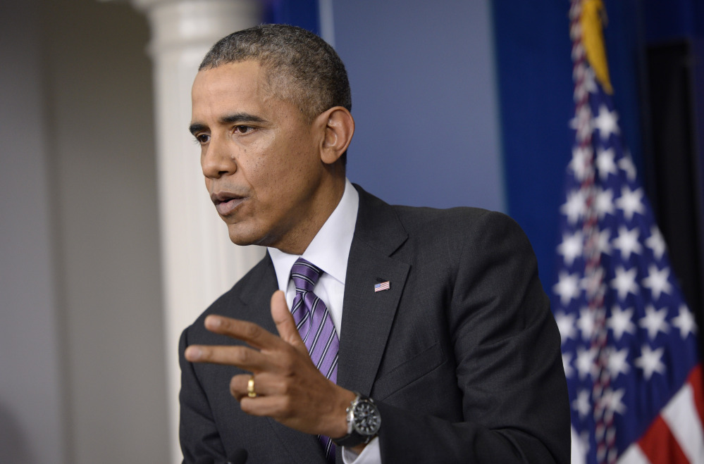 President Barack Obama speaks in the briefing room of the White House in Washington on Thursday. The president spoke about health care overhaul and the situation in Ukraine.