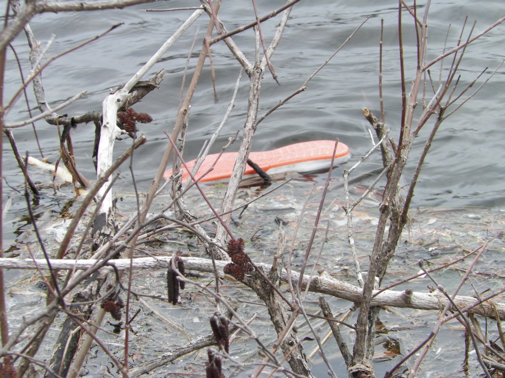 CLOSE CALL: One of the child’s shoes floats in the water.