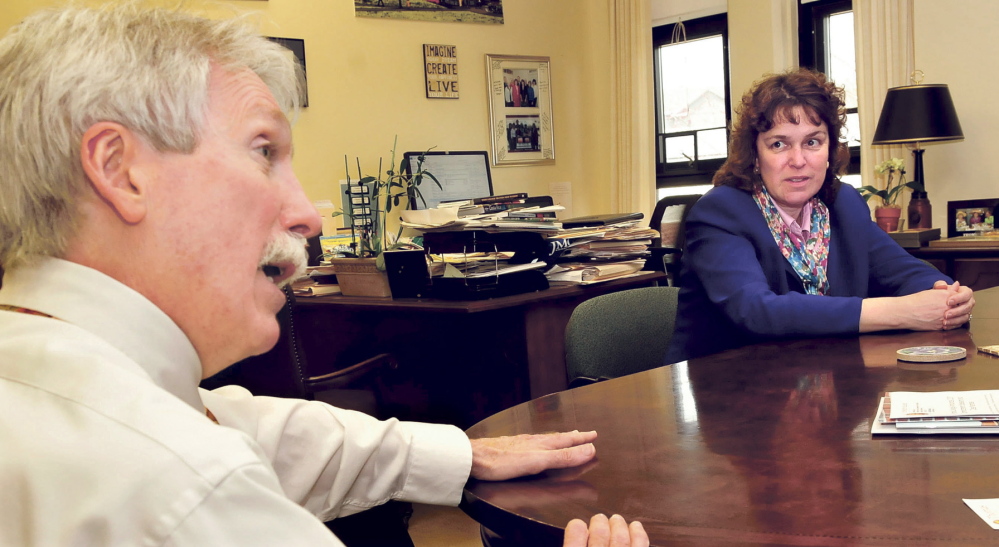 GROWTH: Thomas College Provost Thomas Edwards and President Laurie LaChance speak about continued growth at the Waterville college.