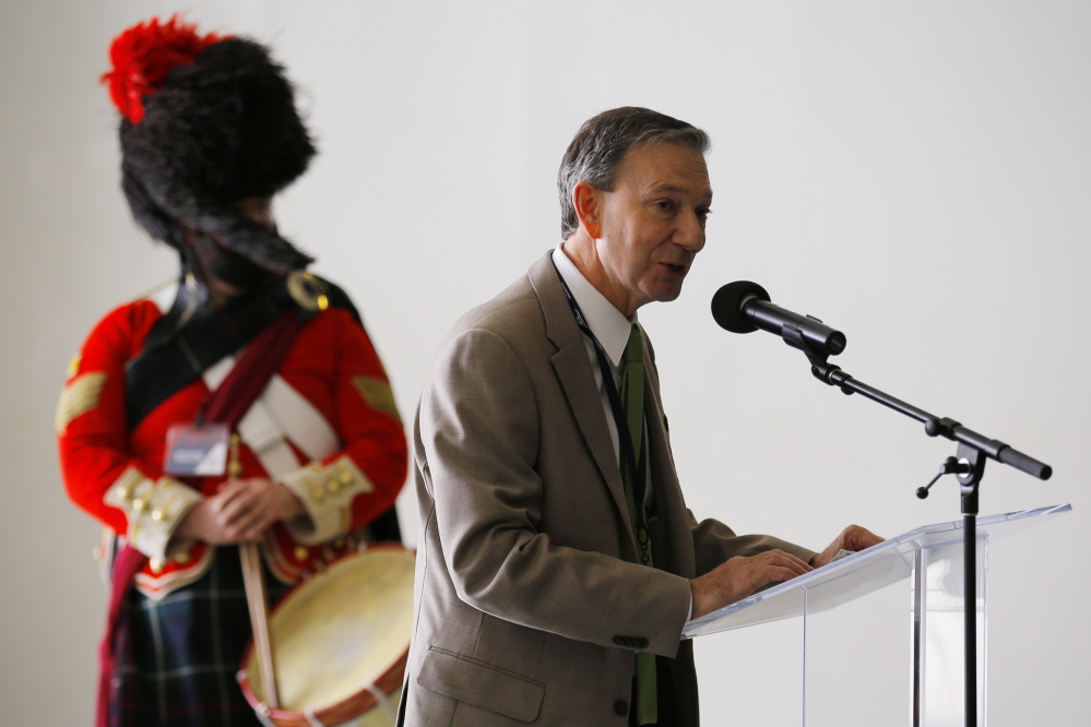 Patrick Binns, the Canadian consul general in Boston, speaks during a christening ceremony for the Nova Star cruise ferry in Boston on Monday.