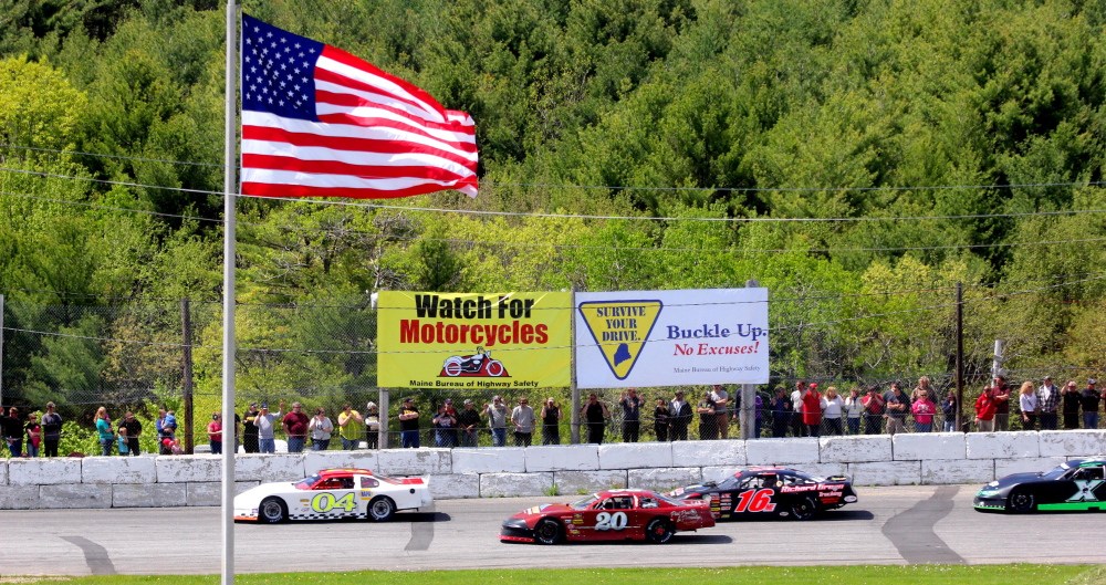 ON THE BACK STRETCH: Allan Moeller Jr., of Dresden, in the 04 car leads a group down the back stretch during a Late Model qualifying heat for the Coast 200 at Wiscasset Speedway on Sunday.