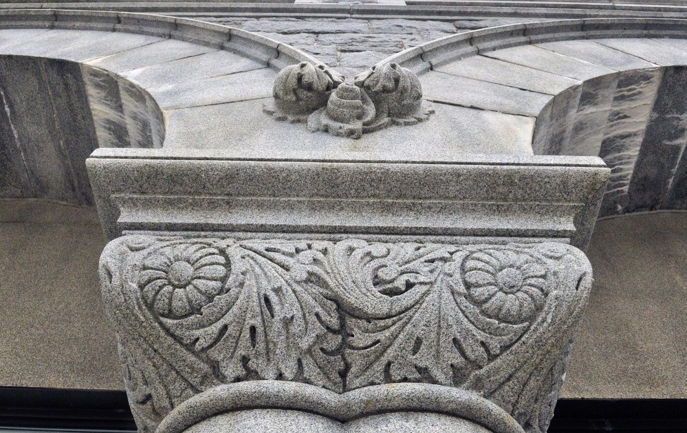 Olde Augusta: This Byzantine capital column on the Olde Federal Building office complex was carved from Hallowell granite, according Christopher Closs, field service advisor for Maine Preservation, who talking about the building Saturday during a walking tour of buildings on the National Register of Historic Places in downtown Augusta.