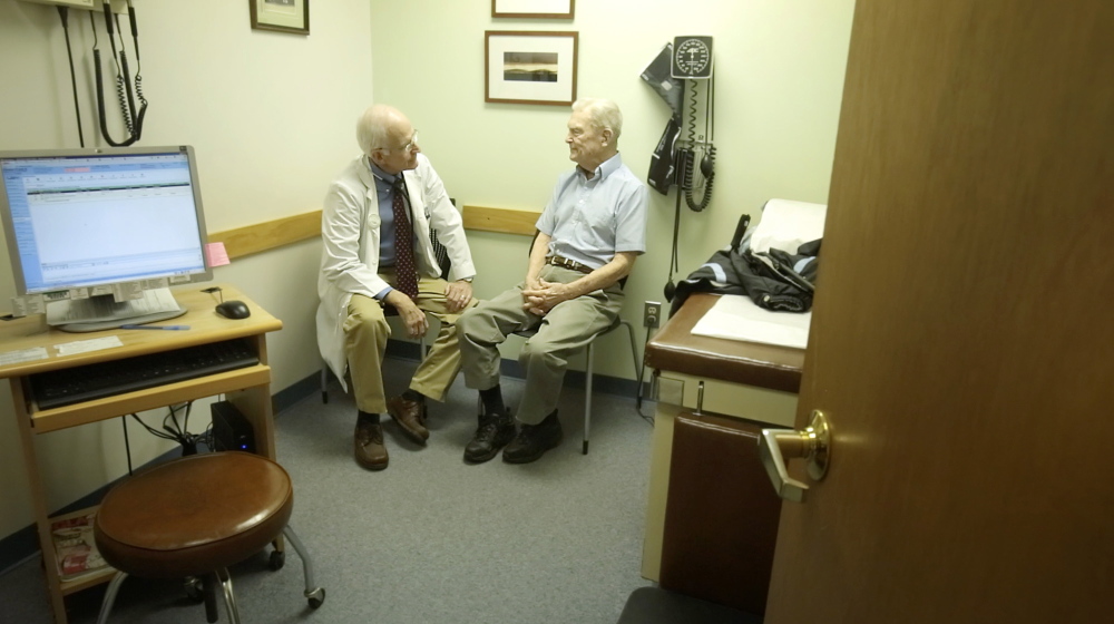 Dr. William Medd talks with patient Frank Floster at Meddâs primary care practice in Norway. Medd, 71, recently recovered from heart surgery and worries about who take his place when he retires. âYou donât want to feel like youâre abandoning your patients,â he said.