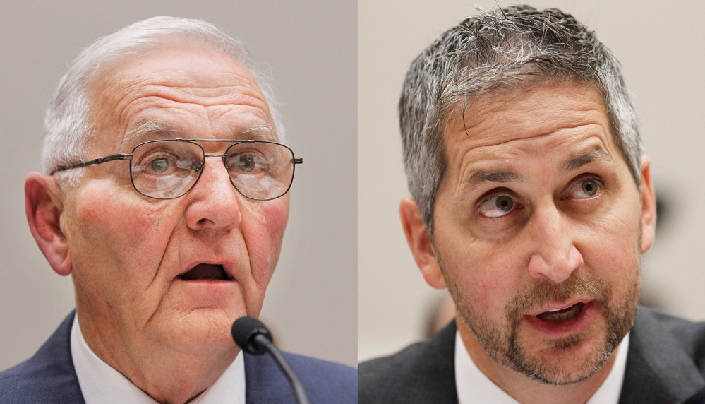 Quality Egg LLC owner Austin “Jack” DeCoster, left, of Turner, Maine, and its chief operating officer, Peter DeCoster, pleaded guilty Tuesday to misdemeanor charges of introducing adulterated food into interstate commerce.