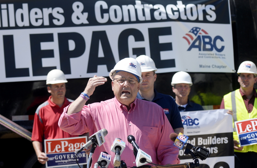 Gov. Paul LePage speaks at a Storey Brothers Excavating site in Gray on Tuesday. He announced his plan for $2.2 billion in transportation infrastructure spending.