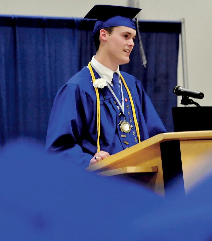 Staff photo by David Leaming SPEAKER: Lawrence High School student Aaron Brown gave his valedictory speech on Thursday in Fairfield.