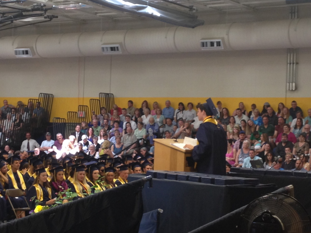 Staff photo by Kaitlin Schroeder Parting words: Mt. Blue High School graduate Noah LePage addresses his fellow graduates Saturday at the Mt. Blue campus in Farmington.