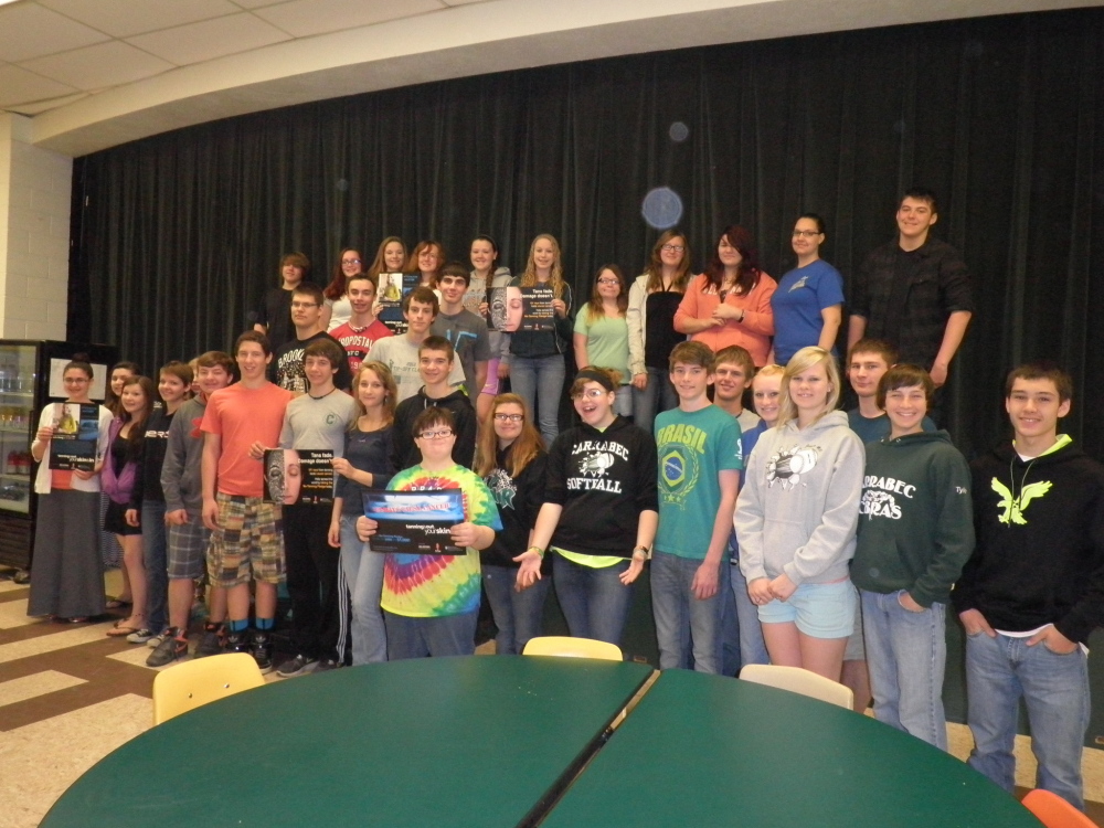 student pledge: In front, from left, are Taylor Cyrway, Elizabeth Rafferty, Jenelle Breingan, Megan King MaKayla Gray, Eric Libby, Griffin Hebert, Spencer Lawler-Sidell, Olivia Tewksbury, Sara Libby, AJ Foss, Alice Renshaw, Nikki Bowman, Nick Sansone Jr., John Layman, MaKayla Leeman, Jessica Vaillancourt, Elliot Gorr Tyler Reichert and Seth Burns. Middle row, from left, are Isaac Vaillancourt, Dustin Crawford, Evan Gorr and Richard Layton. Back row, from left, are Damian Greene, Adrianna Cossaboom, Chelsea Pray, Autumn Holzworth, Kate Stevens, Hannah Atwood, Mariah Langton, Allyssa Trask, Jianna Pinkham, Emily Poulin and Andrew Wilson.