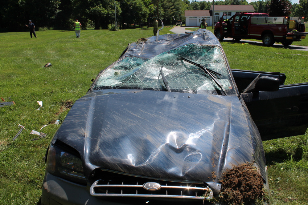 BENTON CRASH: Peter Speropolous of Clinton was airlifted to Eastern Maine Medical Center after an accident on Bellsqueeze Road in Benton destroyed his Subaru. Police say speed and the use of a temporary spare tire were factors in the crash.