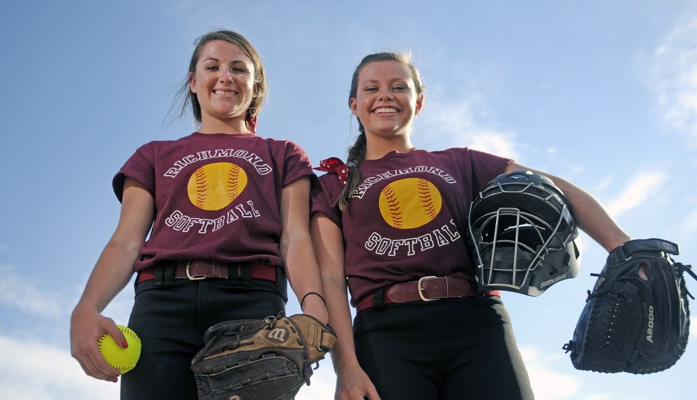 Dynamic duo: Richmond pitcher Meranda Martin, left, and catcher Camryn Hurley have been two key players that helped lead the Bobcats to the Class D state championship game. Richmond plays Limestone Saturday at St. Joseph’s College in Standish.