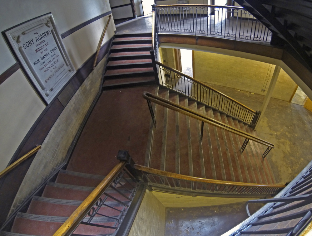 The Cony Academy plaque inside the Cony High School Flatiron building is one of the things a new developer says she will preserve while turning the building into senior housing.