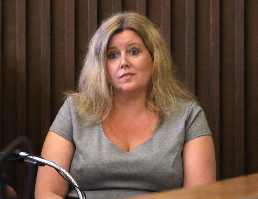 Lisa Greenwaldt, an investigator with the N.H. Public Defenders Office, testifies during the trial of Seth Mazzaglia at Strafford County Superior Court in Dover, N.H., on Monday. Mazzaglia is charged with killing 19-year-old University of New Hampshire student Elizabeth “Lizzi” Marriott and dumping her body in the Piscataqua River in Portsmouth. (AP Photo/Portsmouth Herald, Rich Beauchesne, Pool)