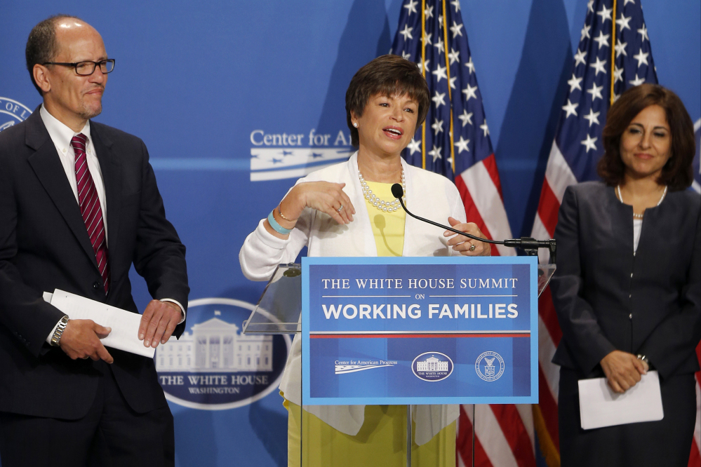 From left, Labor Secretary Thomas Perez, Senior White House Adviser Valerie Jarrett, and Neera Tanden, President of the Center for American Progress participate Monday in The White House Summit on Working Familes.