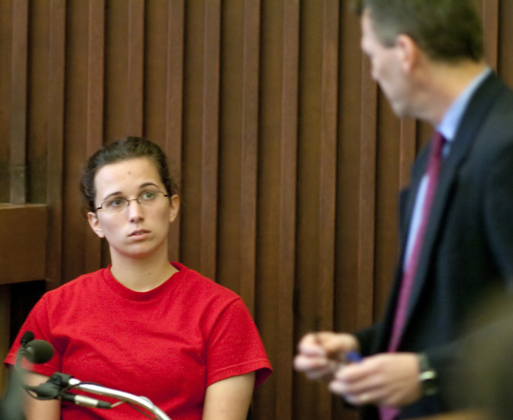 Defense attorney Joachim Barth, right, questions Kathryn McDonough on June 5, 1914, during her former boyfriend Seth Mazzaglia’s first-degree murder trial at Strafford County Superior Court in Dover, N.H.
