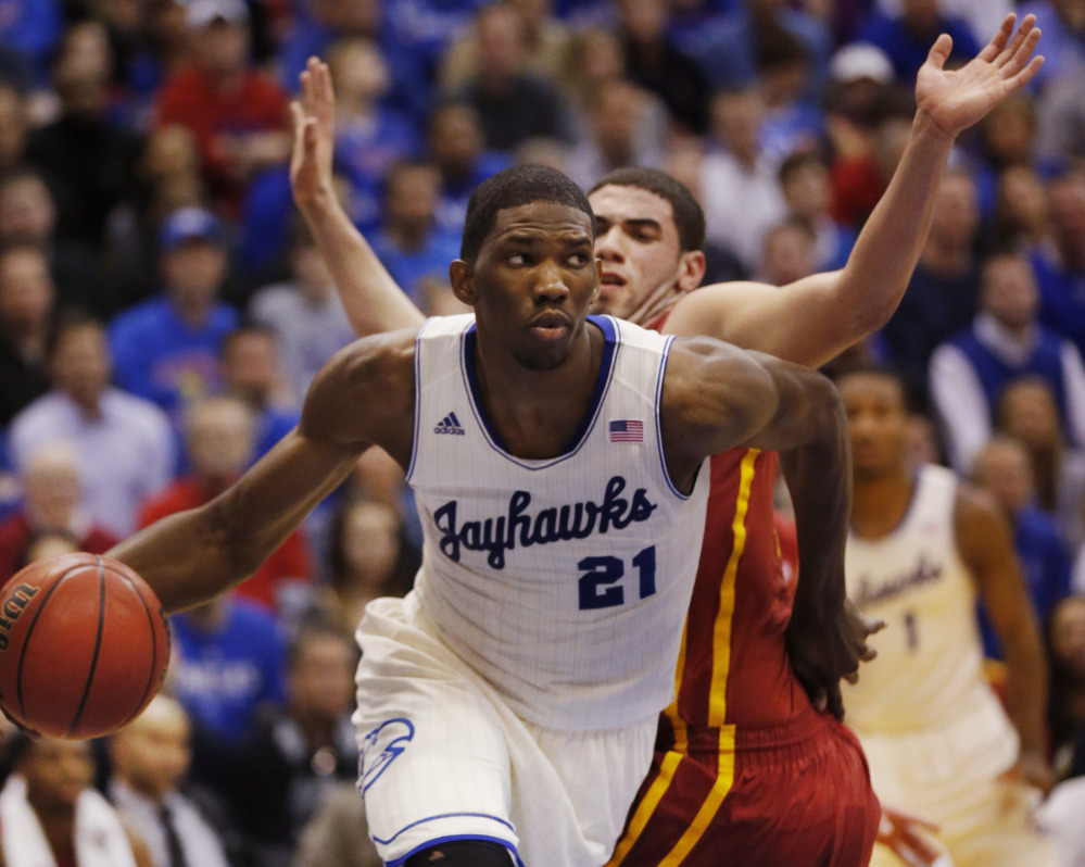 Kansas center Joel Embiid (21), who recently had surgery to correct a foot injury, could be available to the Boston Celtics with sixth pick in the first round. The Celtics also own the 17th pick.