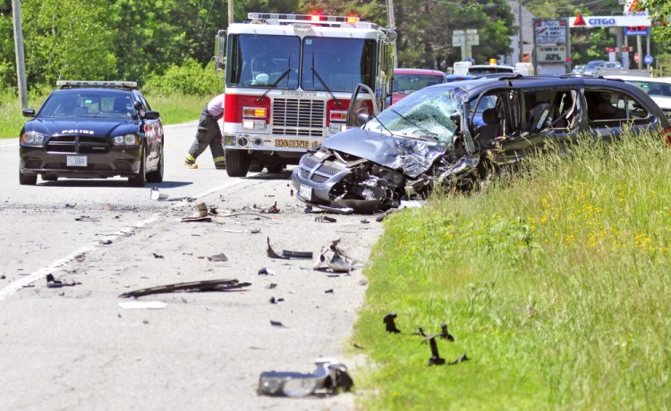 This van on the side of U.S. Route 202 was one of two vehicles involved in a head-on collision on Friday near TJ’s Place in Monmouth.