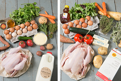 Ingredients purchased at the Portland Farmers' Market, left, and at Shaw's, right.