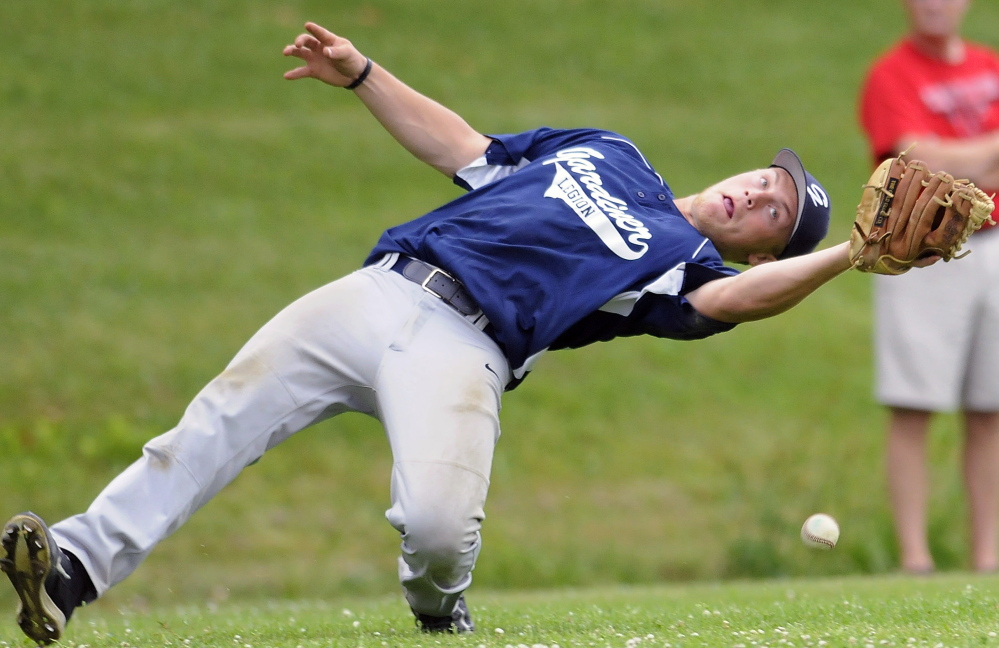 Gardiner’s Mario Meucci can’t collect a foul Thursday during an American Legion baseball match-up against Red Barn in Monmouth.