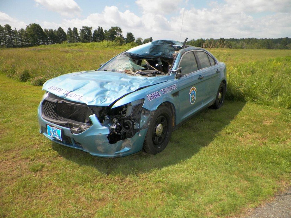 State Trooper Dennis Quint was injured when his cruiser struck a moose Tuesday night along Route 1 in Cyr Plantation while he was responding to another moose-vehicle collision. Maine State Police photo