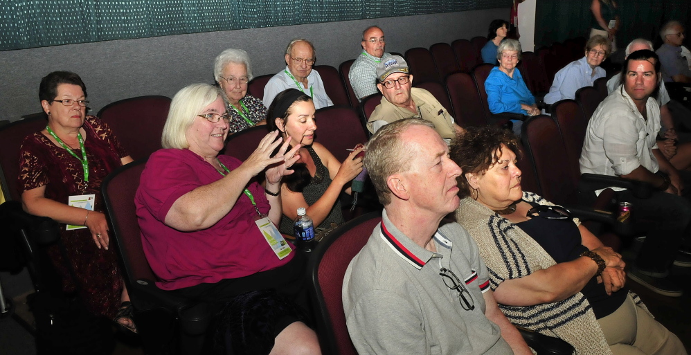 Movie fan Patricia Clark, of Unity, asks actress Glenn Close a question Sunday after a screening of the movie “Dangerous Liaisons” at Railroad Square Cinema in Waterville. Close received the Mid-Life Achievement award that evening during the Maine International Film Festival.