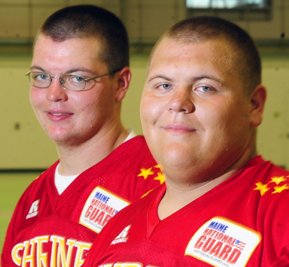 Twin brothers and Mount View High grad Christopher Spaulding, left, and Clint Spaulding at Lobster Bowl media day on Tuesday at Hebron Academy.