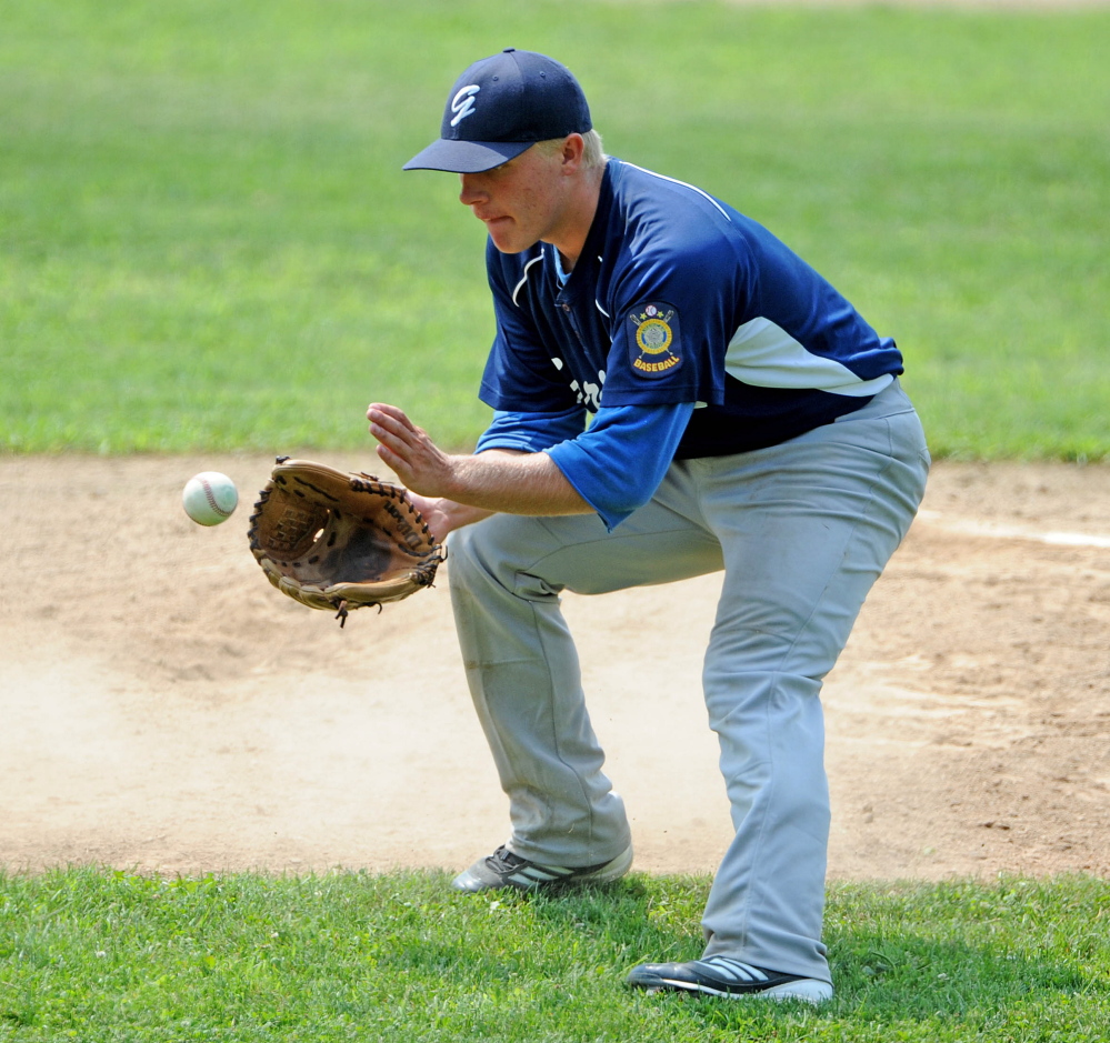 Gardiner pitcher Kyle Fletcher, 7, fields a ground ball by Franklin County in the Senior Legion Zone 2 baseball tournament at Memorial Field in Skowhegan on Saturday.