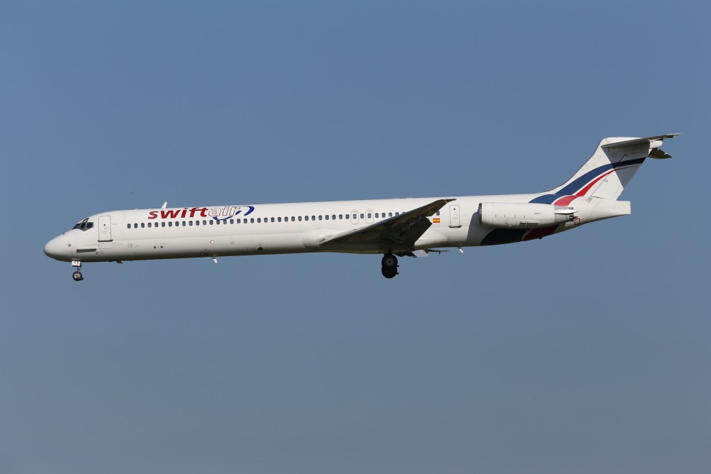 An MD-83 aircraft in the Swiftair fleet, similar to the one that has disappeared over Mali, lands at Zaventem Airport in Brussels in this May 16, 2014, photo. Air Algerie Flight 5017 was being operated by a Spanish crew of six and had 110 passengers, half of whom were French.