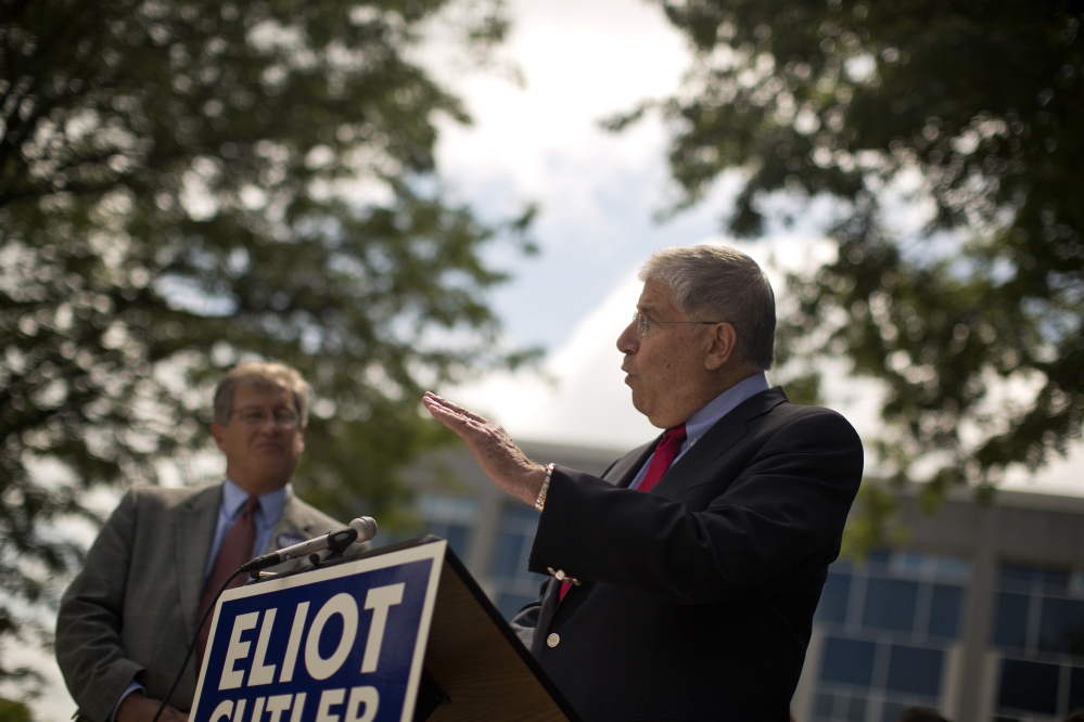 PORTLAND, ME - JULY 24: Independent gubernatorial candidate Eliot Cutler speaks at a press conference in Lincoln Park in Portland Thursday, July 24, 2014, as the group Maine Citizens Against Handgun Violence endorsed him. (Photo by Gabe Souza/Staff Photographer)