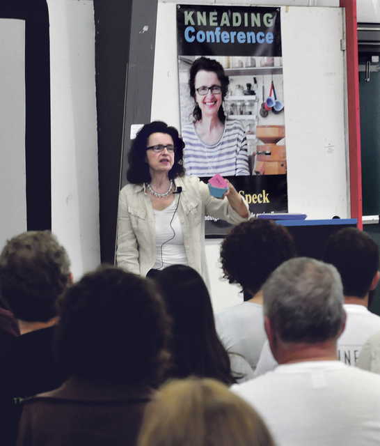 Keynote speaker Maria Speck addresses attendees of the three-day Kneading Conference and Bread Fair in Skowhegan on Thursday.